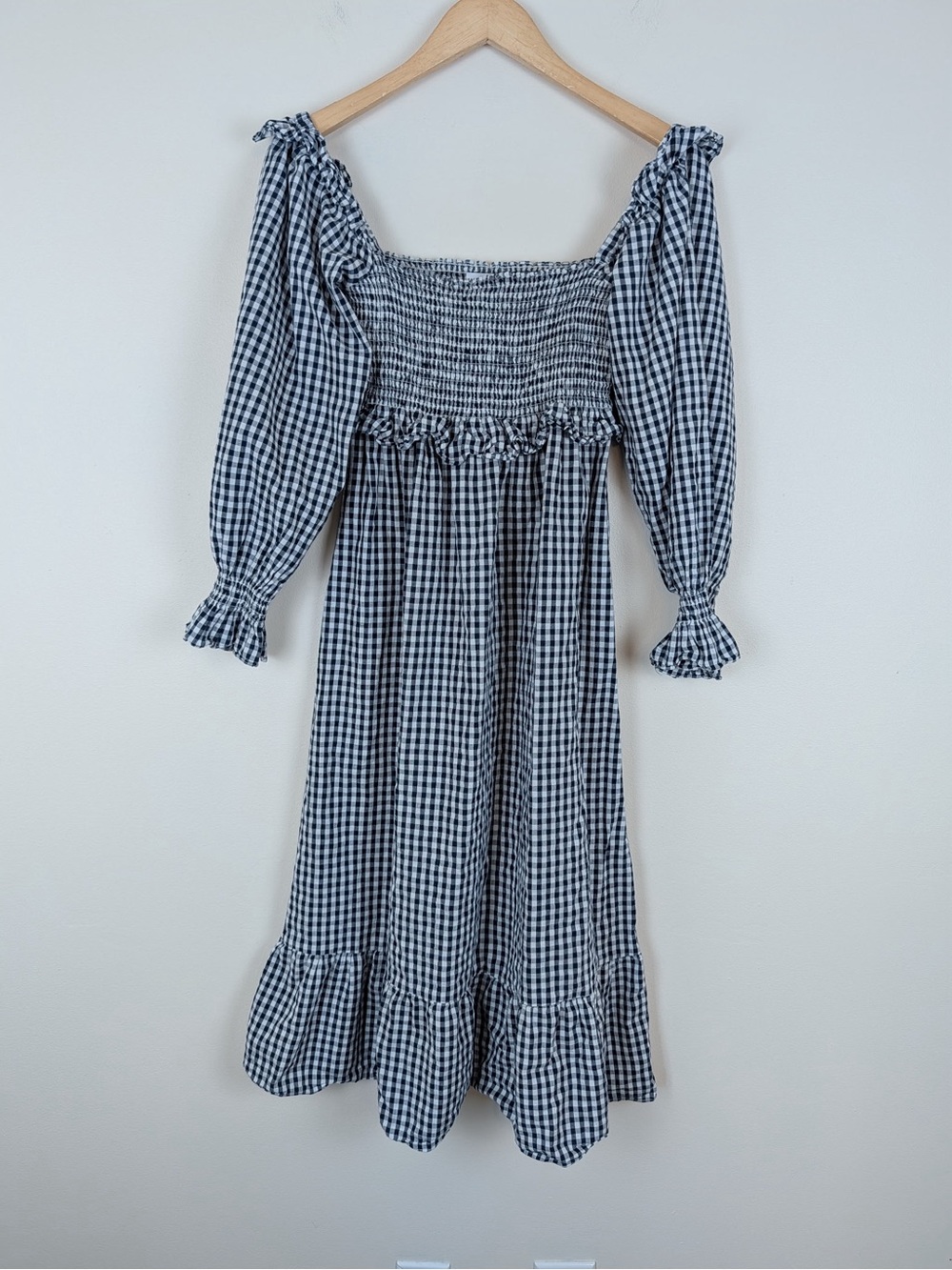 Frances Hart Smocked Midi Gingham Print Square Neck Dress
